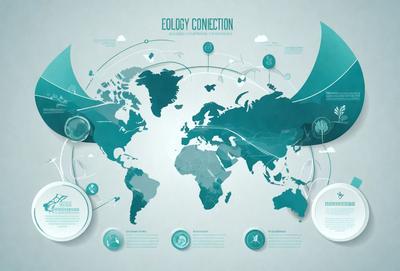 The primary subject of the image is a large, detailed map of the world. The map is displayed on a white background, and it is surrounded by various illustrations and diagrams. The visual style of the image is a combination of digital art and illustration, creating a visually appealing and informative presentation. The colors and mood of the image are predominantly green and blue, which are often associated with nature and the environment.
