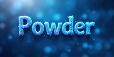 The primary subject of the image is the word "powder" written in blue. The setting is a blue background, which creates a contrast with the white letters. The visual style is a digital art, as the word is composed of blue and white powder particles. The colors and mood of the image are predominantly blue and white, giving it a clean and modern appearance.