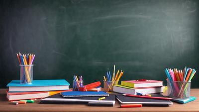 The primary subject of the image is a wooden desk with a variety of books, pencils, and a notebook. The setting is a classroom, and the visual style is a photo. The desk is covered with a multitude of books, including colorful ones, and several pencils are scattered around. The overall atmosphere is one of learning and organization.