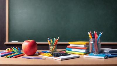 The primary subject of the image is a desk with various school supplies on it. The setting is a classroom, and the visual style is a photo. The desk is covered with books, a calculator, a pencil, and an apple. The colors and mood of the image are predominantly green and yellow, giving it a warm and inviting atmosphere.