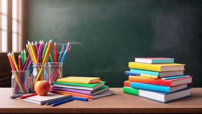 The primary subject of the image is a desk with a variety of books and writing utensils. The setting is a classroom, and the visual style is a photo. The desk is covered with a multitude of books, including colorful ones, and there are several pencils and a pen placed on the desk. The overall atmosphere is one of learning and creativity.