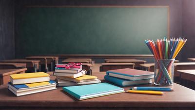 The primary subject of the image is a desk with a variety of books and notebooks on it. The setting is a classroom, with a chalkboard visible in the background. The visual style is a photo, capturing the details of the books and desk. The colors and mood of the image are predominantly neutral, with the books and notebooks providing a sense of organization and learning.