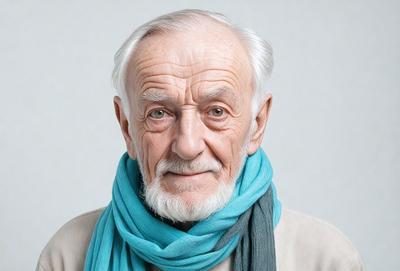 The primary subject of the image is an older man with a white beard and mustache. He is wearing a blue scarf and a gray shirt. The setting is a white background, which provides a clean and minimalistic look to the image. The visual style is a close-up portrait, focusing on the man's facial features and the blue scarf. The colors and mood of the image are calm and serene, with the man's white beard and mustache adding a touch of wisdom and experience