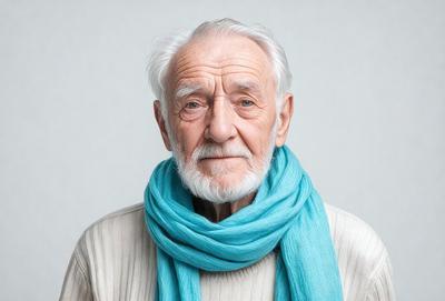 Primary subject: An older man with a beard and mustache, wearing a blue scarf.

Setting/background: A white background.

Visual style: A close-up photo of the man.

Colors and mood: The man's beard and mustache are white, and the blue scarf adds a touch of color to the image. The overall atmosphere appears to be calm and focused.