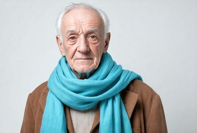 Primary subject: An older man with a blue scarf around his neck.

Setting/background: A white background.

Visual style: A photo.

Colors and mood: The man is wearing a blue scarf, and the overall atmosphere is calm and serene.