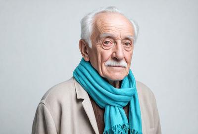 The primary subject of the image is an older man with white hair, wearing a blue scarf and a brown jacket. He is looking directly at the camera, giving the impression of a strong and confident individual. The setting appears to be indoors, with a wall visible in the background. The visual style of the image is a close-up portrait, capturing the man's features and expression. The colors in the image are predominantly shades of blue and brown, creating a calm and soothing atmosphere.