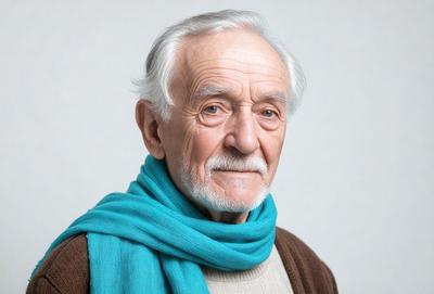 The primary subject of the image is an older man with white hair and a blue scarf. He is wearing a brown sweater and has a blue scarf wrapped around his neck. The man is looking directly at the camera, giving the impression of a close-up shot. The setting appears to be indoors, with a white background visible in the image. The visual style is a close-up portrait, capturing the man's features and expression. The colors in the image are predominantly white and blue, creating a