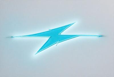 The primary subject of the image is a blue lightning bolt, which is the main object, scene, or focus of the image. The setting is a white wall, and the visual style is digital art. The dominant colors are blue and white, creating a cool and modern atmosphere.
