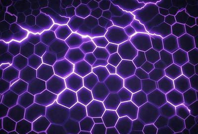 The primary subject of the image is a purple lightning bolt, which is the main object, scene, or focus of the image. The setting/background features a purple and black patterned surface, which adds to the visual style of the image. The visual style is a combination of a photo and digital art, illustration, or drawing. The colors and mood of the image are predominantly purple and black, creating a dramatic and striking atmosphere.