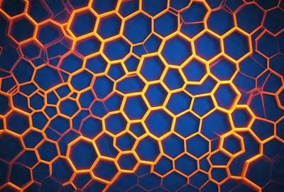 The primary subject of the image is a blue background with a pattern of yellow hexagons. The setting appears to be a digital art or illustration, as the hexagons are arranged in a visually appealing manner. The visual style is a mix of digital art and a pattern, creating a unique and eye-catching design. The dominant colors are blue and yellow, giving the image a vibrant and lively atmosphere.