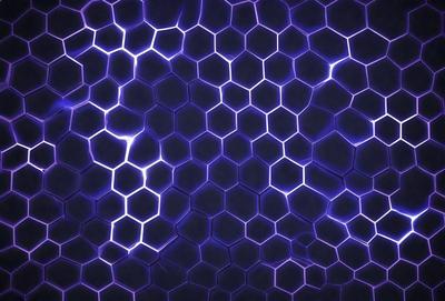 The primary subject of the image is a purple and blue patterned background. The setting is a dark, purple-blue background with a honeycomb pattern. The visual style is a digital art or illustration, creating a unique and eye-catching design. The colors and mood of the image are predominantly purple and blue, giving it a calm and soothing atmosphere.