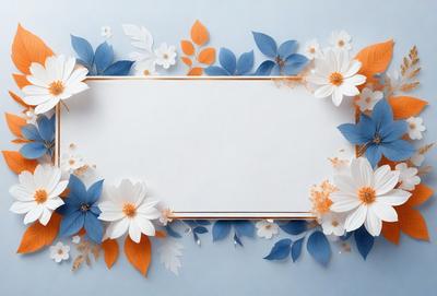 The primary subject of the image is a white and blue frame with a floral design. The setting is a blue background, and the visual style appears to be a combination of digital art and illustration. The colors and mood of the image are predominantly blue and white, creating a calm and serene atmosphere.