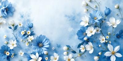 The primary subject of the image is a beautiful arrangement of white and blue flowers. The flowers are arranged in a vase, creating a visually appealing display. The setting is a blue background, which complements the colors of the flowers. The visual style of the image is a combination of photo and digital art, resulting in a high-quality and detailed representation of the flowers. The colors and mood of the image are predominantly white and blue, giving it a serene and calming atmosphere.