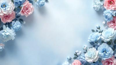 The primary subject of the image is a beautiful bouquet of flowers, which are the main focus of the scene. The flowers are arranged in a visually appealing manner, creating a sense of harmony and elegance. The setting is a blue background, which adds a touch of color and contrast to the overall composition. The visual style of the image is a combination of photo and digital art, resulting in a high-quality and detailed representation of the flowers. The colors and mood of the image are predominantly blue and pink,