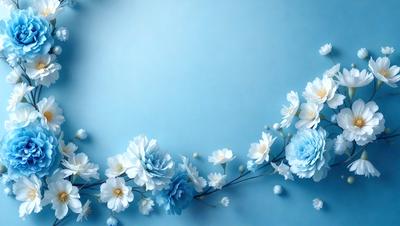 The primary subject of the image is a beautiful blue flower arrangement. The setting is a blue wall, which serves as a stunning backdrop for the flowers. The visual style of the image is a combination of photo and digital art, creating a vibrant and lively atmosphere. The dominant colors in the image are blue and white, which contribute to a serene and calming mood.