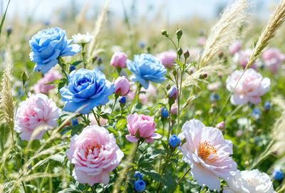 The primary subject of the image is a field filled with a variety of flowers, including blue, pink, and white ones. The setting is a grassy field, and the visual style appears to be a photo of the flowers in their natural environment. The colors and mood of the image are vibrant and lively, with the blue, pink, and white flowers creating a sense of freshness and beauty.