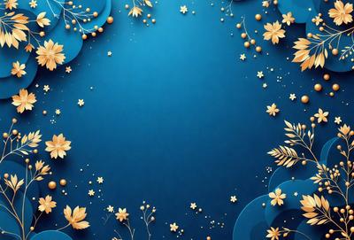 The primary subject of the image is a blue background with a pattern of yellow stars and leaves. The setting is a blue wall, and the visual style is a combination of digital art and illustration. The dominant colors are blue, yellow, and green, creating a calm and serene atmosphere.