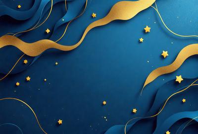 The primary subject of the image is a blue background with gold stars and swirls. The setting is a night sky, and the visual style is a combination of digital art and illustration. The dominant colors are blue and gold, creating a serene and celestial atmosphere.