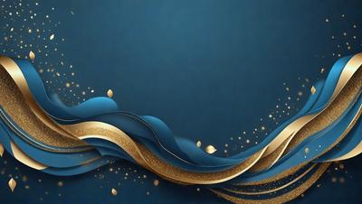The primary subject of the image is a blue wave with gold accents. The setting is a blue background, and the visual style is a digital art or illustration. The dominant colors are blue and gold, creating a calm and serene atmosphere.