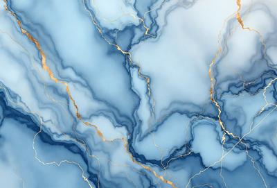 The primary subject of the image is a blue marble wall with gold streaks. The setting is a room with a blue marble floor. The visual style is a close-up of the marble wall, showcasing its unique texture and design. The colors and mood of the image are predominantly blue and gold, creating a sense of luxury and elegance.