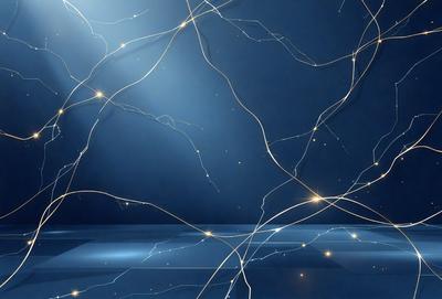 The primary subject of the image is a blue background with a pattern of yellow lines. The setting appears to be a dark room, and the visual style is a combination of digital art and illustration. The dominant colors are blue and yellow, creating a mood of calmness and tranquility.