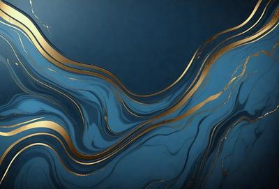 The primary subject of the image is a blue background with a gold-colored wave or pattern. The setting appears to be a dark room, and the visual style is a combination of digital art and illustration. The dominant colors are blue and gold, creating a calm and serene atmosphere.