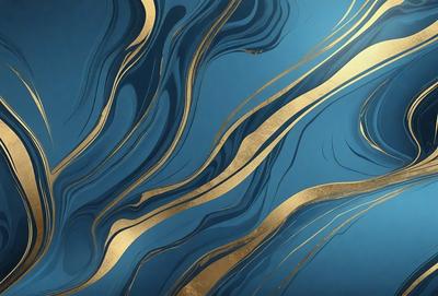 The primary subject of the image is a blue and gold wallpaper with a pattern of swirls and waves. The setting is a wall, and the visual style is a combination of digital art and illustration. The dominant colors are blue and gold, creating a sense of elegance and sophistication.