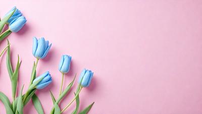 The primary subject of the image is a bouquet of blue flowers, which are the main focus of the scene. The flowers are arranged in a vase and are placed against a pink background. The visual style of the image is a photo, capturing the beauty of the flowers in their natural setting. The dominant colors in the image are blue and pink, creating a serene and calming atmosphere.