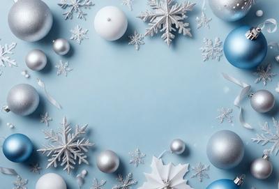 The primary subject of the image is a snowflake pattern, which is displayed on a blue background. The setting is a winter scene, with snowflakes and ornaments scattered throughout the image. The visual style is a combination of digital art and illustration, creating a unique and eye-catching design. The dominant colors are blue and white, with the snowflakes adding a touch of silver. The overall atmosphere is festive and celebratory, as the snowflakes and ornaments suggest a holiday or winter
