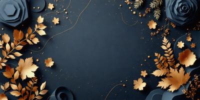 The primary subject of the image is a blue background with gold stars and leaves. The setting is a dark blue surface, and the visual style appears to be a combination of digital art and illustration. The colors and mood of the image are predominantly dark and moody, with the gold stars and leaves adding a touch of warmth and contrast.