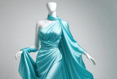 The primary subject of the image is a mannequin dressed in a blue gown. The mannequin is standing in a room with a white background. The visual style of the image is a photo, and the dominant colors are blue and white. The overall atmosphere of the image is elegant and sophisticated.