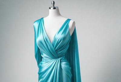 The primary subject of the image is a blue dress, which is displayed on a mannequin. The dress is a strapless, long-sleeved gown with a blue color. The setting is a white background, which provides a clean and minimalist look to the image. The visual style is a close-up of the dress, showcasing its details and design. The colors and mood of the image are predominantly blue, creating a calm and serene atmosphere.