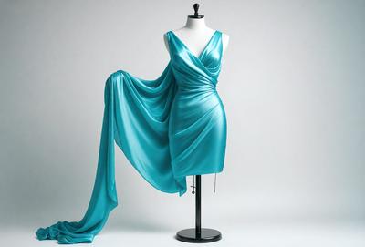 The primary subject of the image is a blue dress, which is hanging on a mannequin. The dress is long and flowing, with a blue color that adds a sense of elegance and sophistication to the scene. The mannequin is wearing the dress, showcasing its design and fit. The setting is a white background, which provides a clean and minimalist backdrop for the dress and mannequin. The visual style of the image is a combination of photography and digital art, as the dress