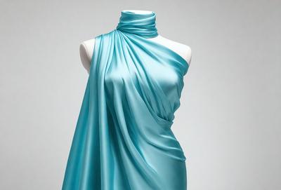 The primary subject of the image is a mannequin wearing a blue dress. The dress is long and flowing, covering the mannequin's body. The setting is a white background, which provides a clean and minimalist look to the image. The visual style is a close-up of the mannequin, showcasing the dress and its details. The colors and mood of the image are predominantly blue, creating a calm and serene atmosphere.
