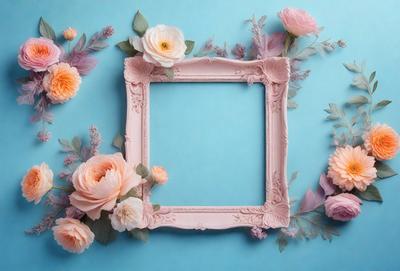 The primary subject of the image is a pink, ornate picture frame with a blue background. The frame is adorned with a variety of flowers, including pink and purple ones. The setting is a blue wall, and the visual style appears to be a combination of photo and digital art. The colors and mood of the image are predominantly pink and blue, creating a warm and inviting atmosphere.