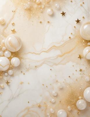 The primary subject of the image is a white marble surface with gold stars and bubbles. The setting is a white marble countertop, and the visual style is a combination of photo and digital art. The dominant colors are white and gold, creating a luxurious and elegant atmosphere.