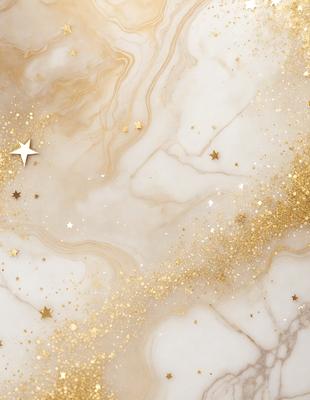 The primary subject of the image is a white marble surface with gold stars and gold glitter streaks. The setting is a white marble countertop, and the visual style is a combination of digital art and illustration. The dominant colors are white and gold, creating a luxurious and elegant atmosphere.