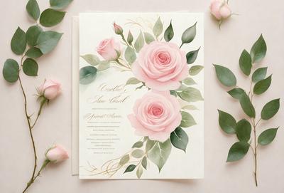 The primary subject of the image is a card with a beautiful floral design featuring two pink roses. The card is placed on a table, which serves as the setting. The visual style of the image is a combination of digital art and illustration, creating a vibrant and elegant appearance. The dominant colors in the image are pink and white, giving the card a warm and inviting atmosphere.
