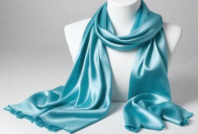 The primary subject of the image is a blue scarf, which is draped over a mannequin. The setting is a white background, and the visual style is a photo. The colors and mood of the image are predominantly blue, creating a calm and serene atmosphere.