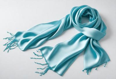 The primary subject of the image is a blue scarf. The setting is a white background, and the visual style is a photo. The colors and mood of the image are predominantly blue, creating a calm and serene atmosphere.