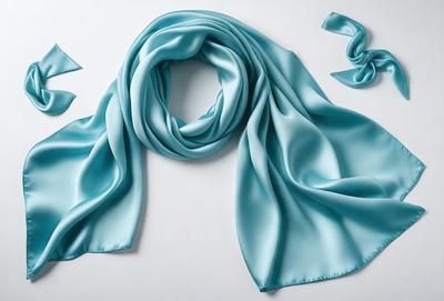 The primary subject of the image is a blue scarf. The setting is a white background, and the visual style is a photo. The colors and mood of the image are predominantly blue, creating a calm and serene atmosphere.