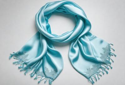 The primary subject of the image is a blue scarf. The setting is a white background, which provides a clean and uncluttered look. The visual style is a close-up of the scarf, showcasing its details and texture. The colors and mood of the image are predominantly blue, creating a calm and soothing atmosphere.