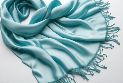 The primary subject of the image is a blue, light-blue, and teal scarf. The scarf is draped over a white surface, creating a visually appealing contrast between the colors of the scarf and the white background. The visual style of the image is a close-up of the scarf, showcasing its intricate patterns and textures. The colors and mood of the image are predominantly blue and serene, with the light-blue and teal shades evoking a sense of