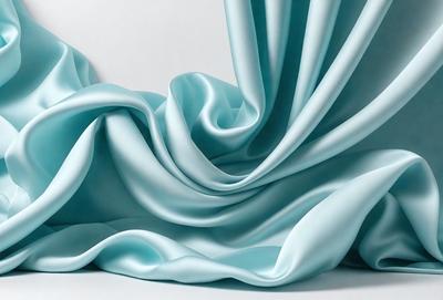 The primary subject of the image is a blue fabric, possibly a curtain or a piece of clothing. The setting is a white background, which provides a clean and minimalist appearance. The visual style is a close-up of the fabric, showcasing its texture and details. The colors and mood of the image are predominantly blue, creating a calm and serene atmosphere.