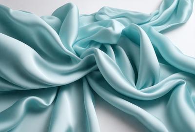 The primary subject of the image is a blue fabric, which appears to be a piece of silk. The setting is a white background, which provides a clean and uncluttered environment for the fabric. The visual style of the image is a close-up of the fabric, showcasing its texture and details. The colors and mood of the image are predominantly blue, creating a calm and serene atmosphere.