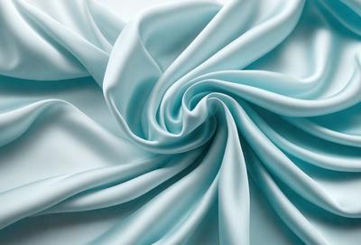 The primary subject of the image is a blue fabric, possibly a piece of silk, that is wound up and twisted. The setting is a white background, which provides a clean and minimalist look. The visual style is a close-up of the fabric, showcasing its texture and intricate pattern. The colors and mood of the image are predominantly blue, creating a calm and serene atmosphere.
