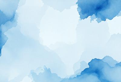 The primary subject of the image is a cloudy blue sky. The setting is a cloudy sky with a few white clouds scattered throughout. The visual style is a watercolor painting, giving the scene a vibrant and artistic appearance. The dominant colors are blue and white, creating a serene and calming atmosphere.