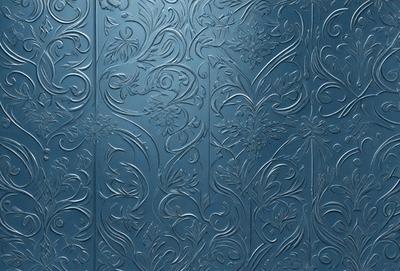 The primary subject of the image is a blue wall with a decorative design. The setting is a room with a blue wall, and the visual style appears to be a combination of a photo and digital art. The colors and mood of the image are predominantly blue, creating a calm and serene atmosphere.