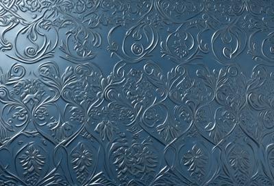 The primary subject of the image is a blue wall with a decorative design. The setting is a room with a blue wall, and the visual style is a combination of digital art and illustration. The dominant colors are blue and silver, creating a calm and elegant atmosphere.