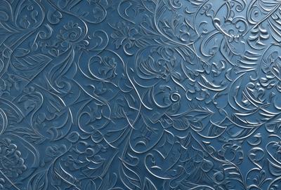 The primary subject of the image is a decorative metal wallpaper with a blue background. The setting is a wall, and the visual style is a combination of photo and digital art. The colors are predominantly blue, and the overall atmosphere is elegant and sophisticated.